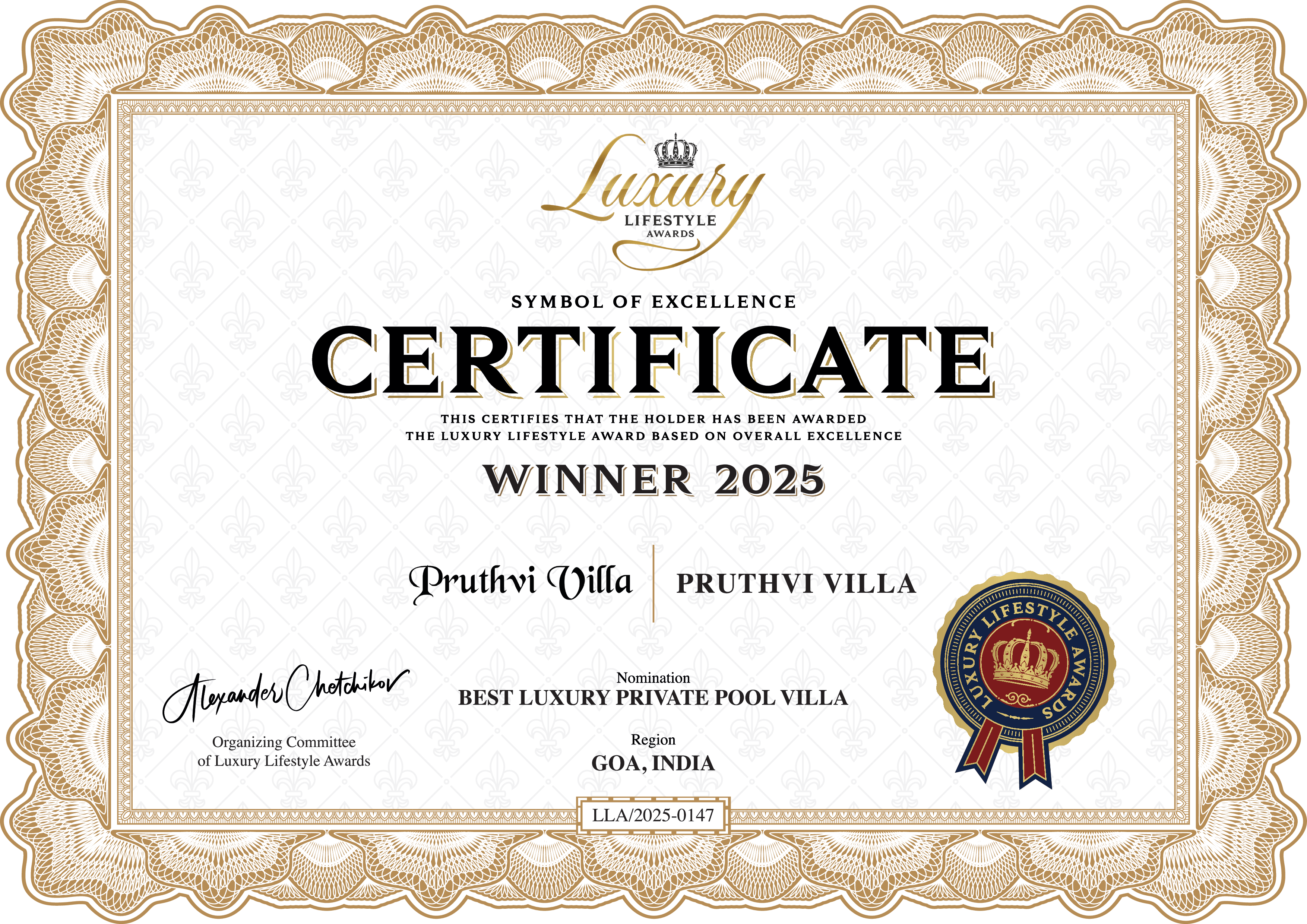 Luxury Lifestyle Awards Certificate - Best Luxury Private Pool Villa